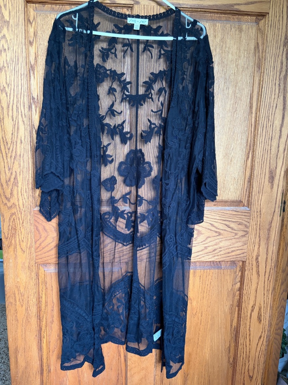She + Sky Black Floral Lace Sheer Kimono Cardigan